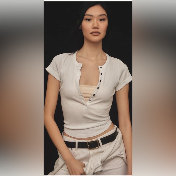 Anthropologie PILCRO The Andie Ribbed Henley Top Sz XL White Casual Basics - Picture 1 of 9